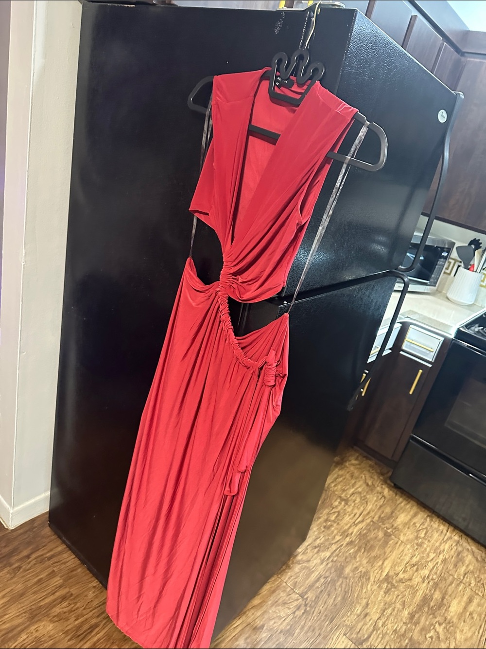 WinWin Red Backless Cutout Maxi Dress with Twist Detail